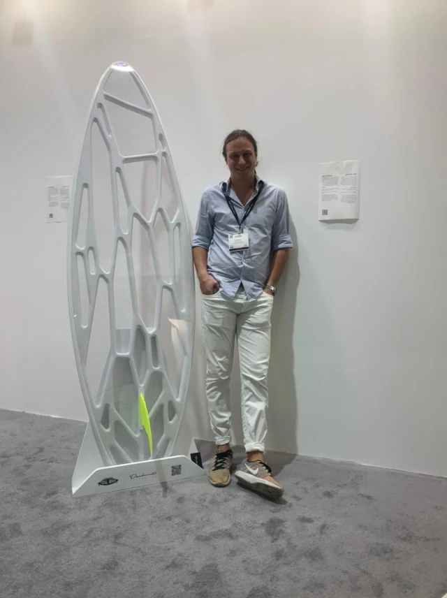 Igor with the Tidal Wave surfboard at Downtown Design during Dubai Design Week